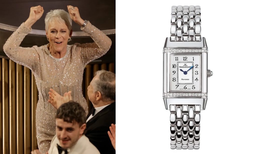 Jamie Lee Curtis wearing a Jaeger LeCoultre Reverso Duetto in steel at Oscars 2023