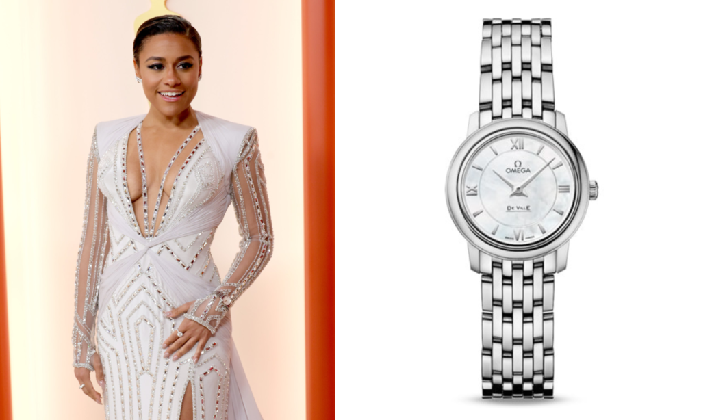 Ariana DeBose adorning an Omega De Ville timepiece at Oscars 2023